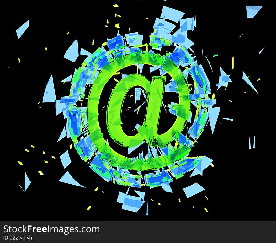 Multicolored @ symbol explodes to pieces isolated on black. Multicolored @ symbol explodes to pieces isolated on black