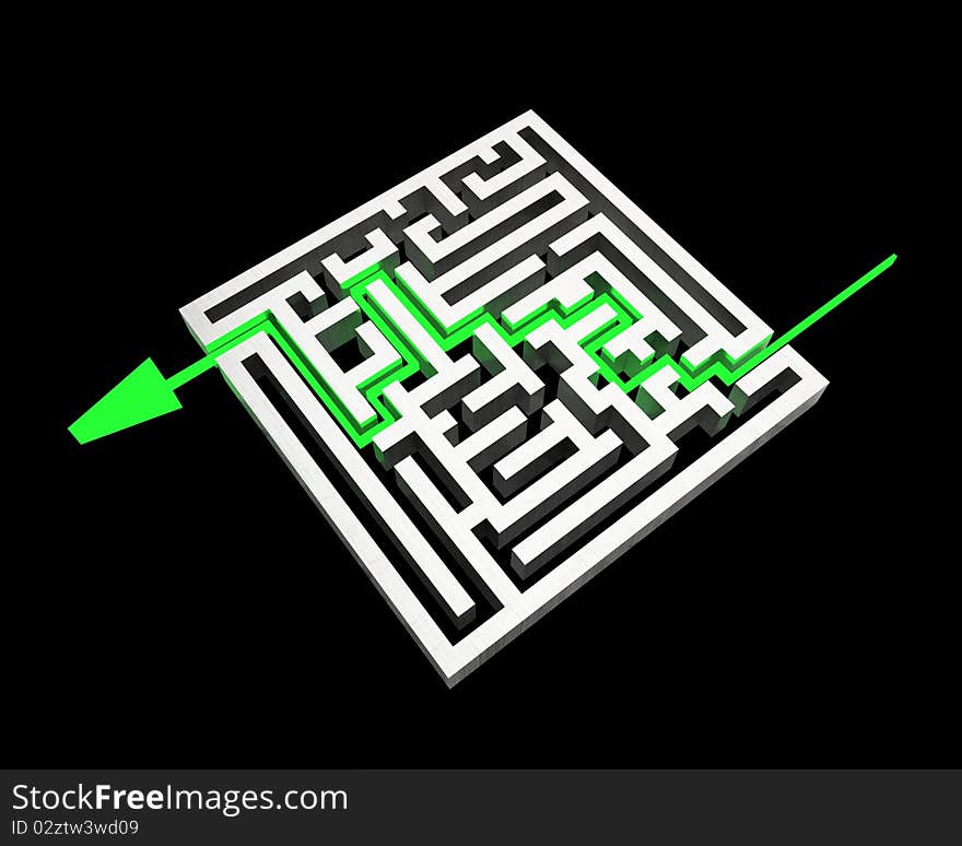 Green arrow passes trough labyrinth. Green arrow passes trough labyrinth