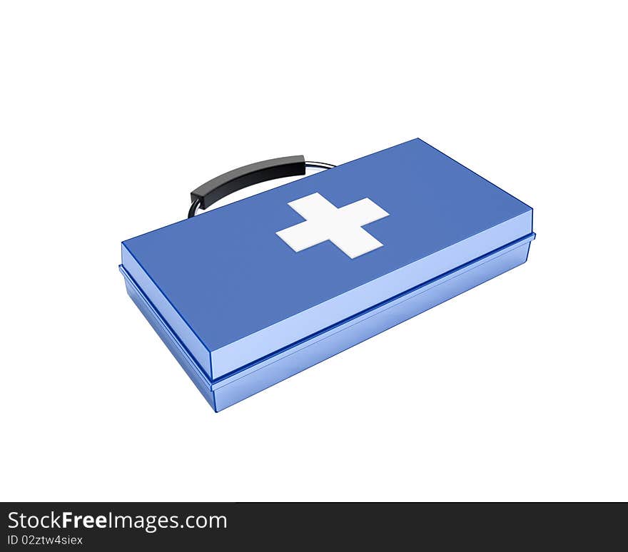 Blue first-aid set with white cross and black handle isolated on white