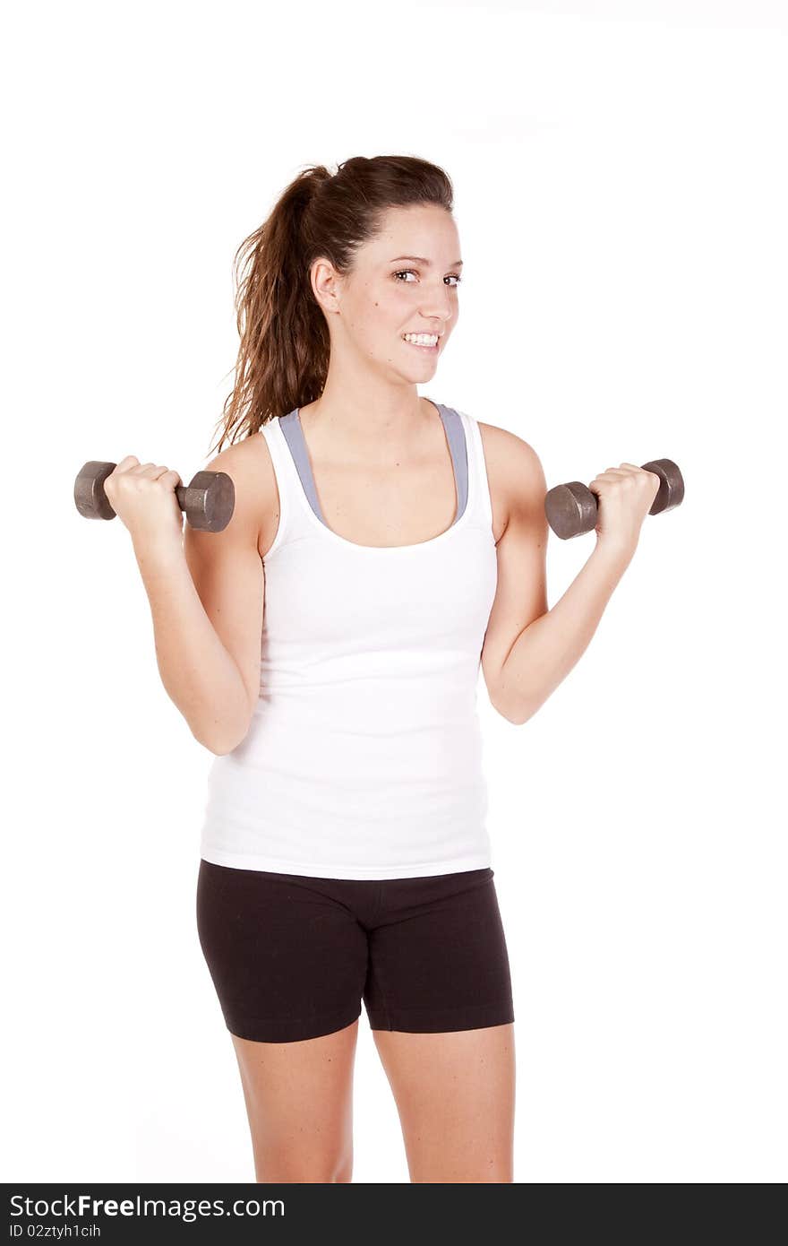 Woman White Tank Top With Weights Up