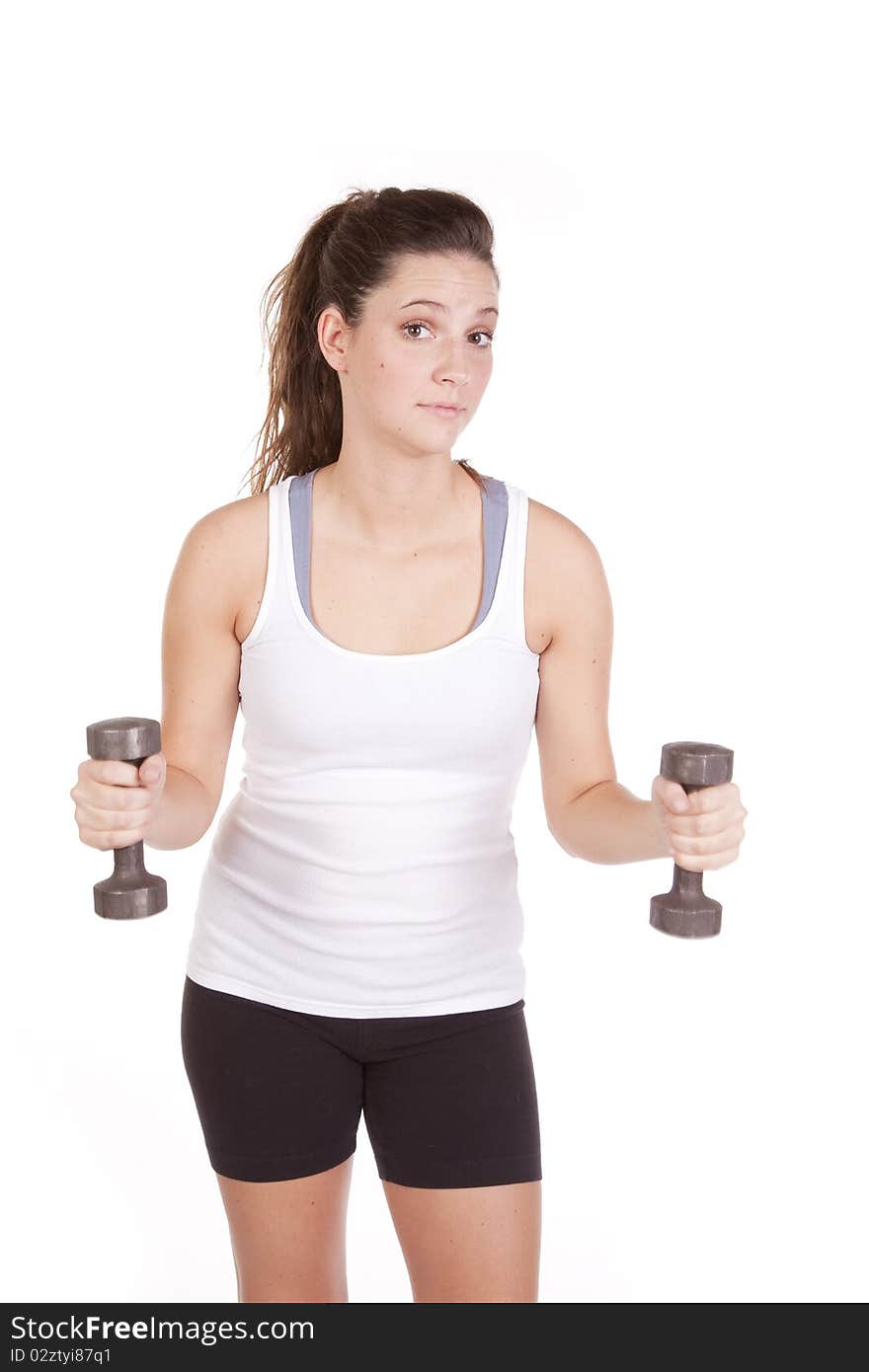 Woman White Tank Working With Weights