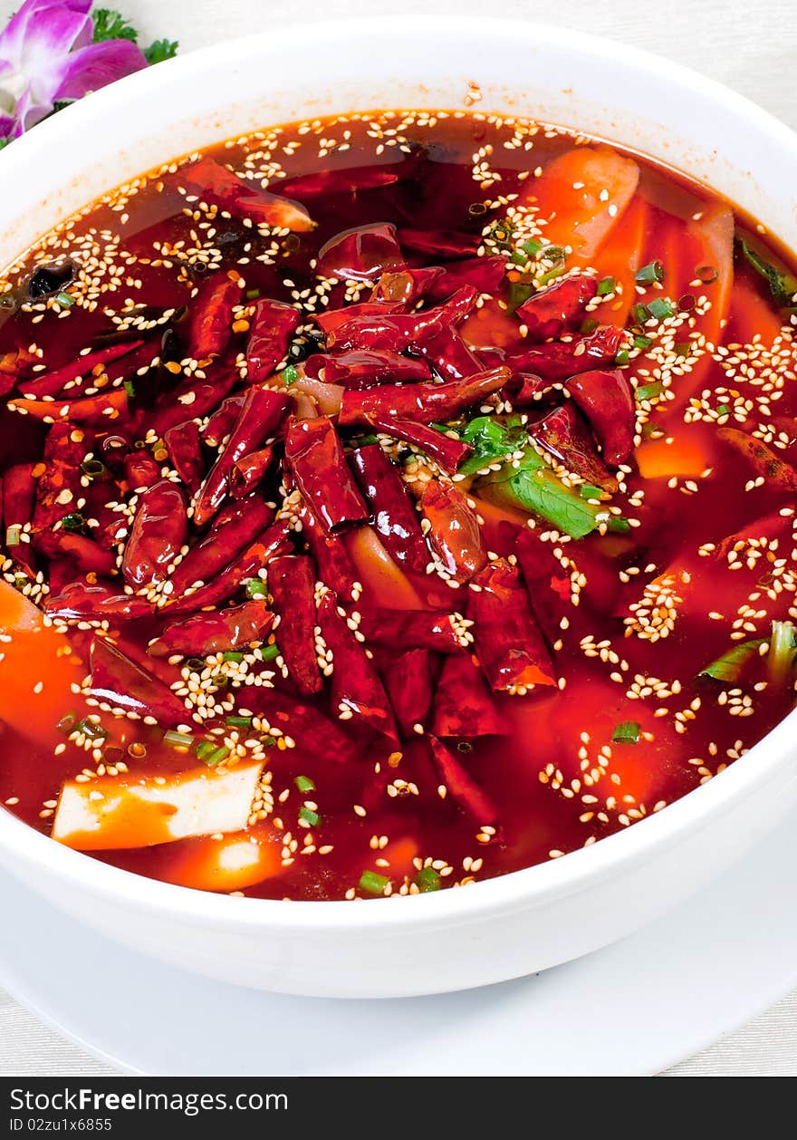 Duck blood in chili sauce, chili on it. Duck blood in chili sauce, chili on it