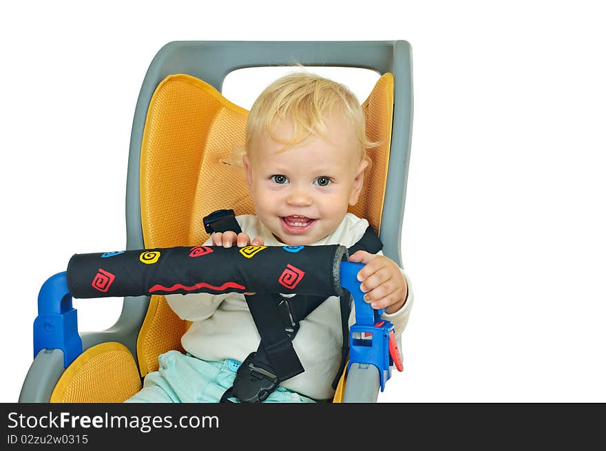 Little boy in the bicycle chair on white. Little boy in the bicycle chair on white