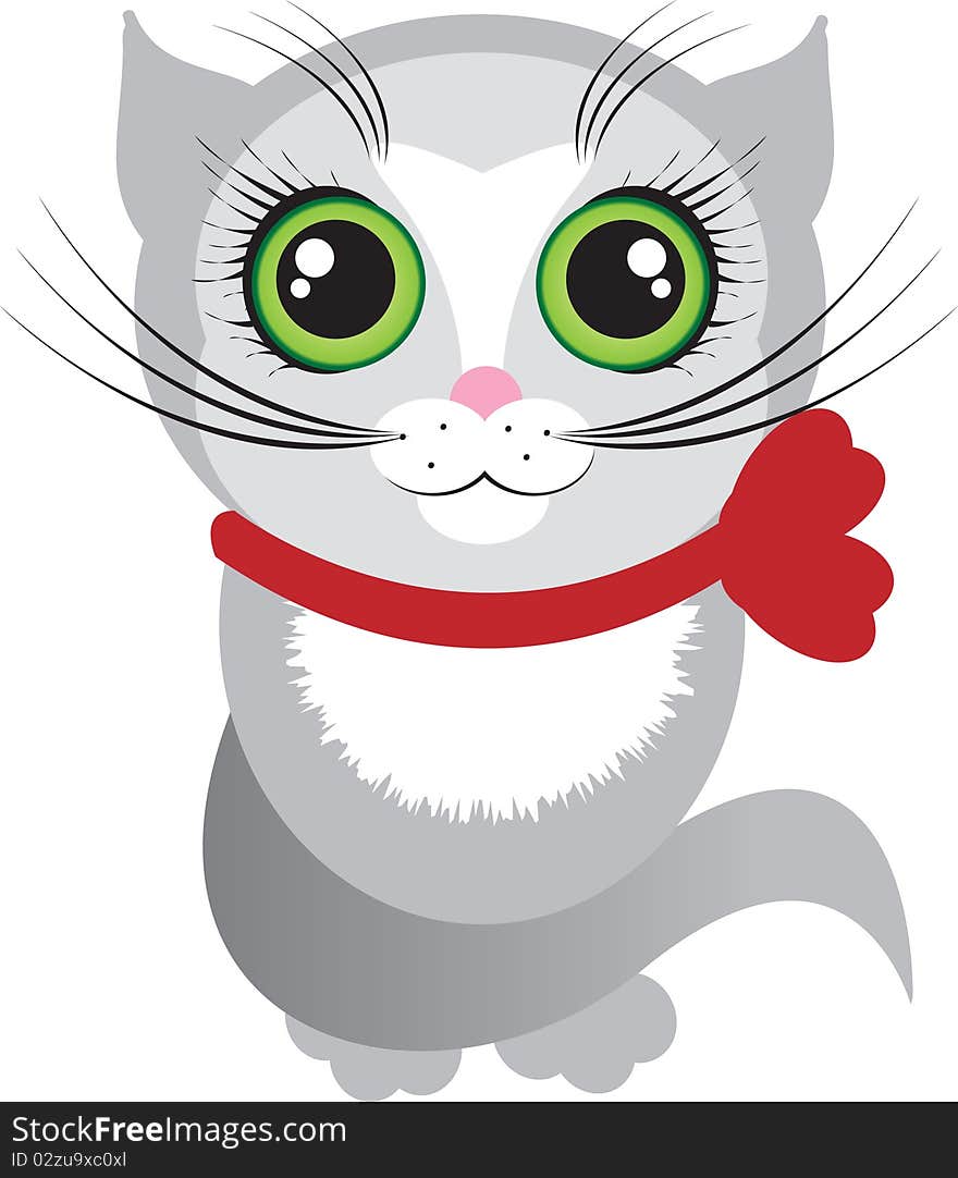 Illustrated cat with green big eyes and red ribbon. Illustrated cat with green big eyes and red ribbon