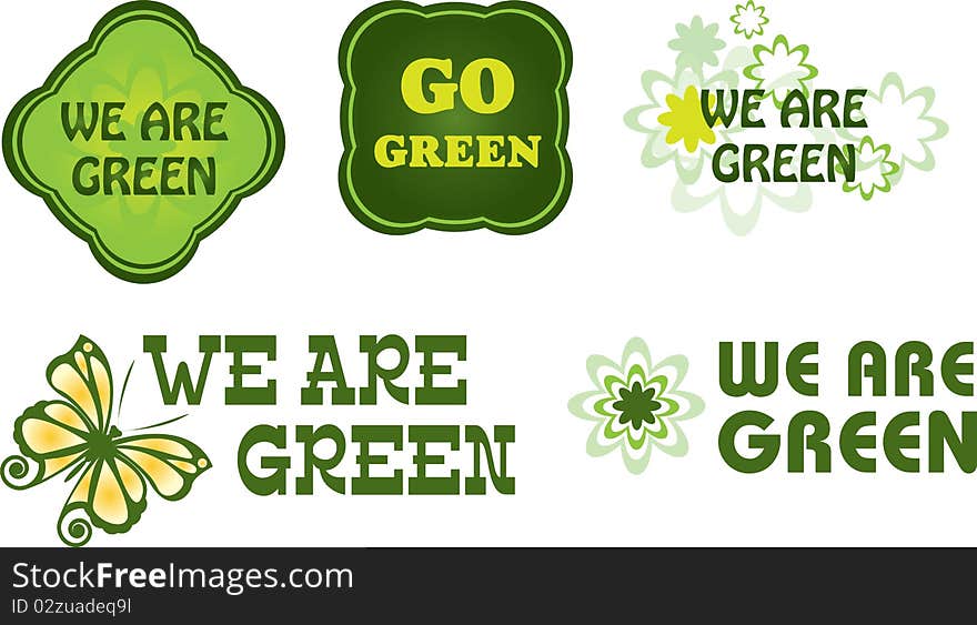 Five Go Green Labels with butterfly and flowers