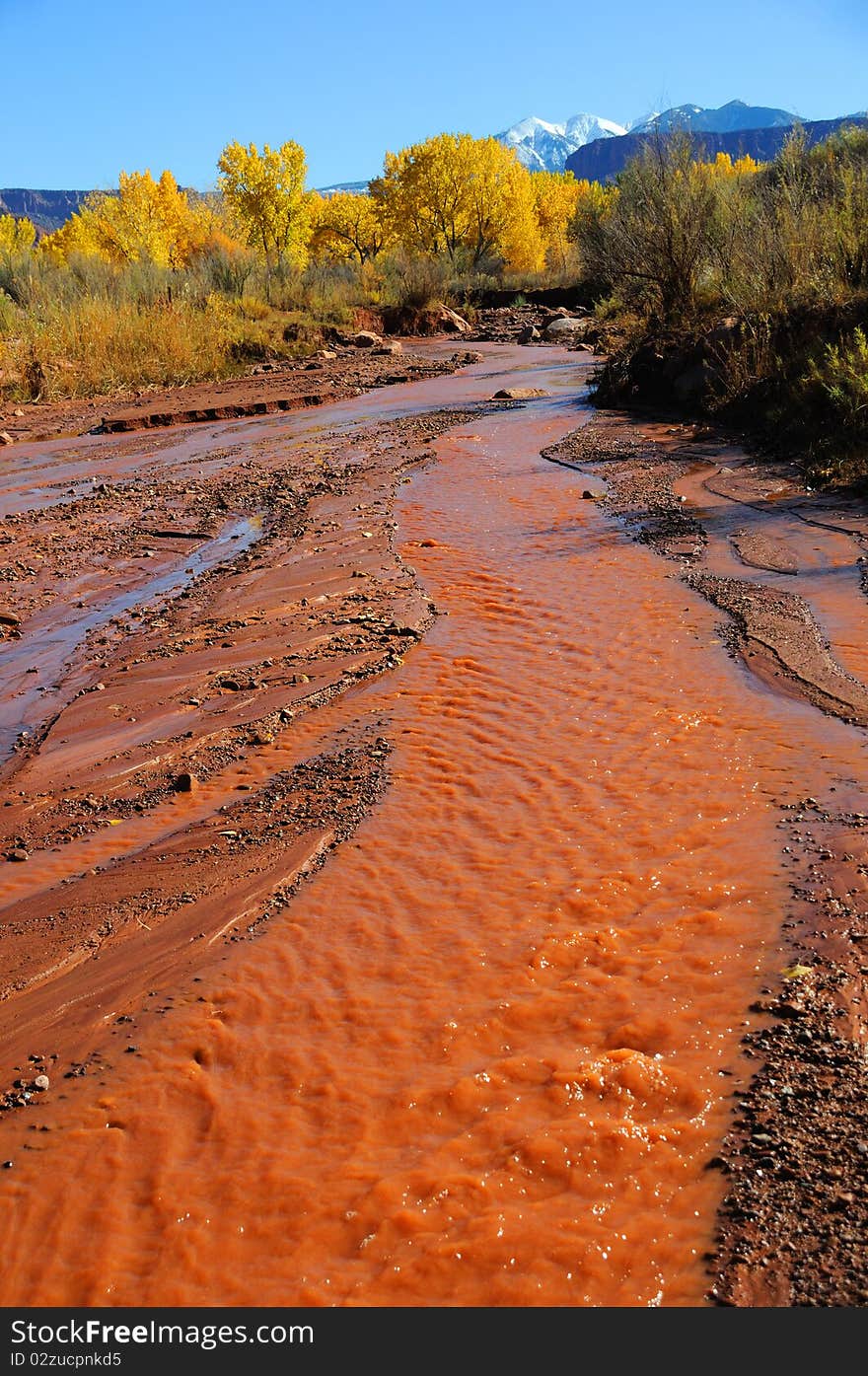 Desert Stream in Fall with Snowy Mountains