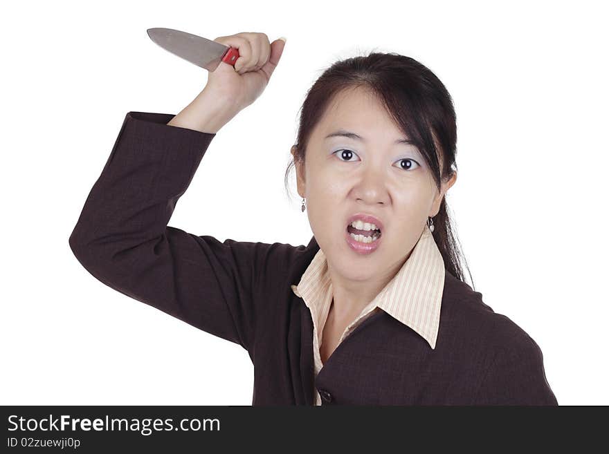 An angry Asian businesswoman holding a knife. An angry Asian businesswoman holding a knife