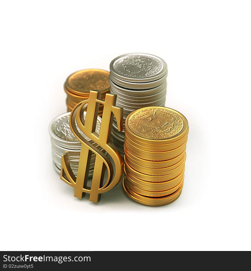 Gold coins with dollar sign on white isolated. 3d render