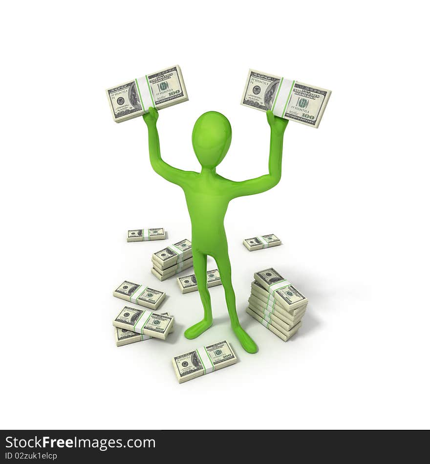 Human with money on white isolated. 3d render