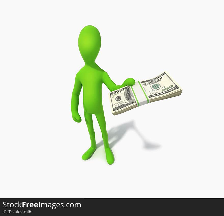 Human with money on white isolated. 3d render