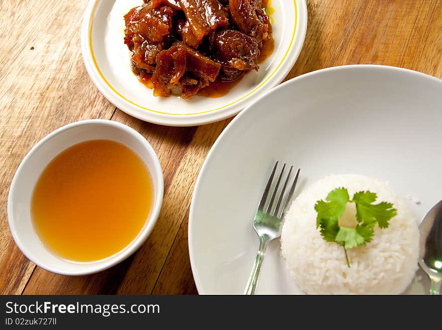 Roast Pork With Rice And Soup.