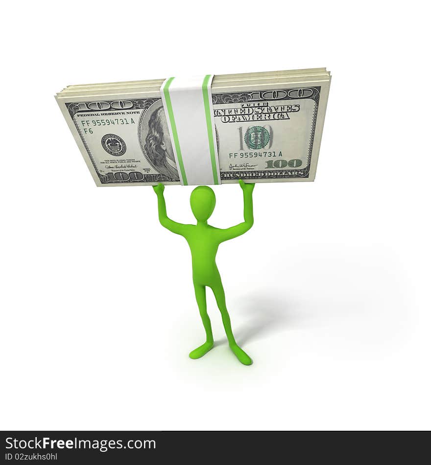 Human with money on white isolated. 3d render