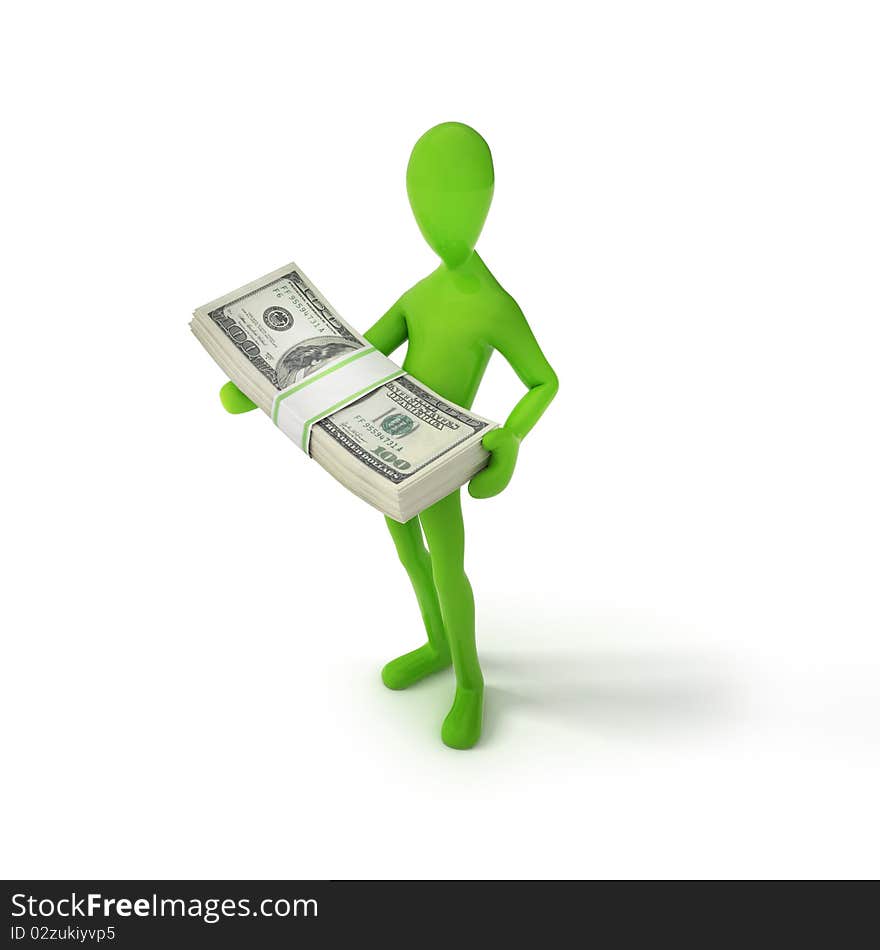 Human with money on white isolated. 3d render