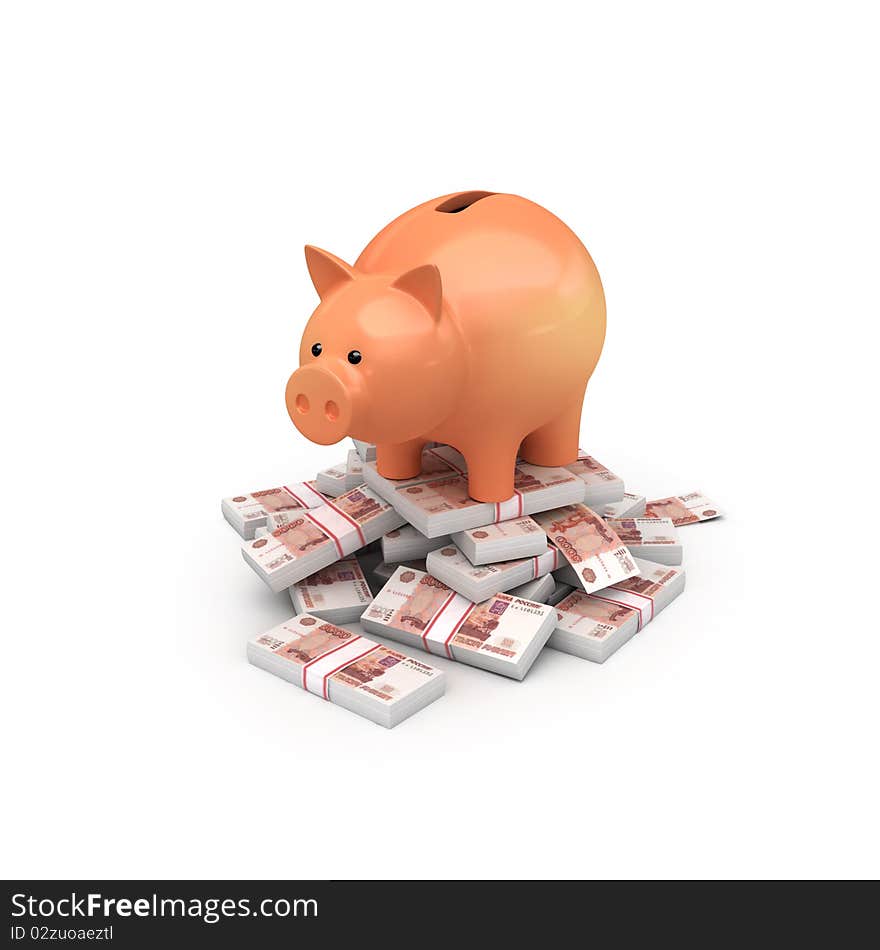 Moneybox pig with money on white isolated. 3d render. Moneybox pig with money on white isolated. 3d render