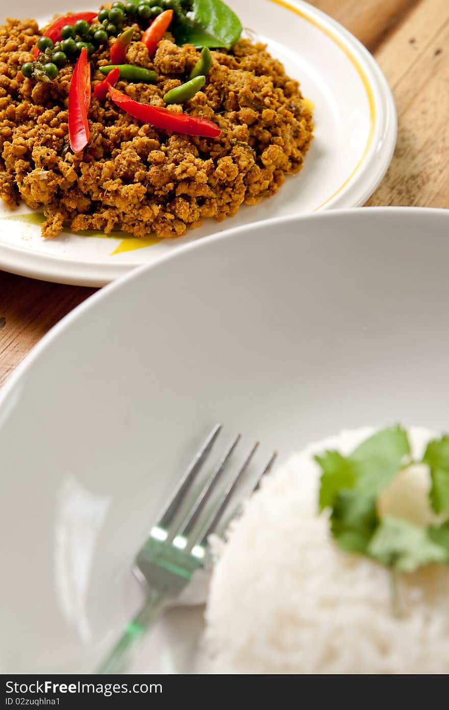 Spicy pork basil with rice.