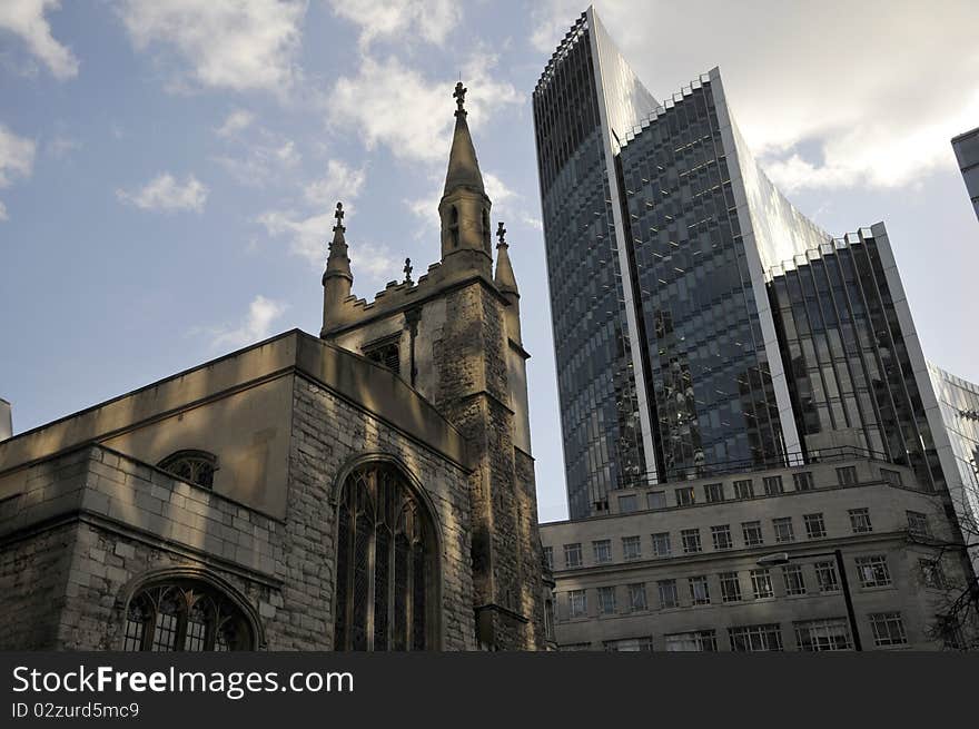 Old and new, a church in the City of London beneath modern offices. Old and new, a church in the City of London beneath modern offices