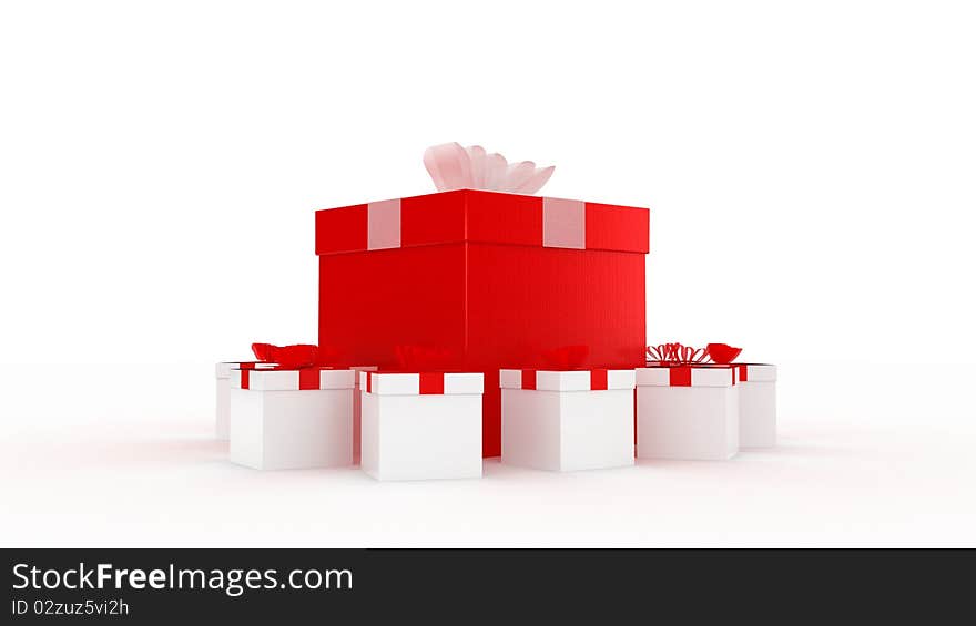 White gift box with red ribbon in the middle of a pile of white gift boxes