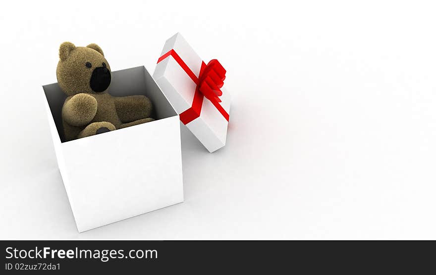 Teddy bear in a white gift box, isolated 3d picture