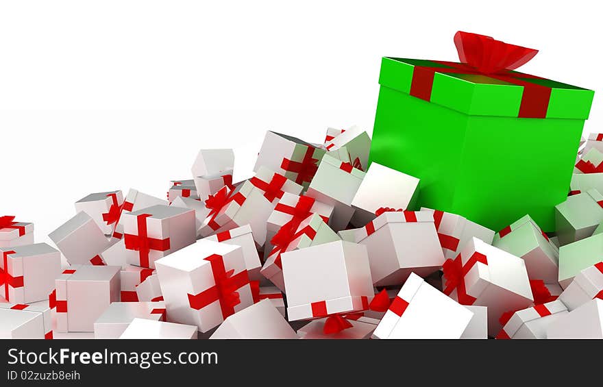 Pile of white gift boxes and a big green box on top