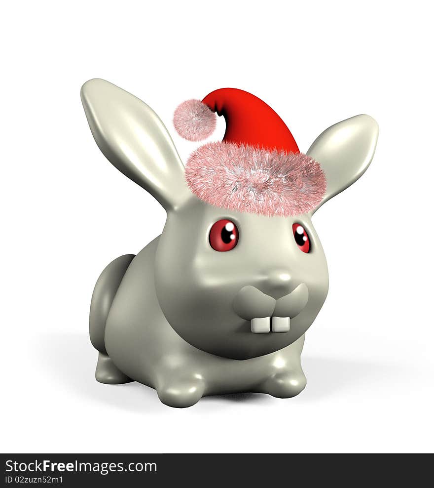 3d A fanny rabbit in red hat on white background