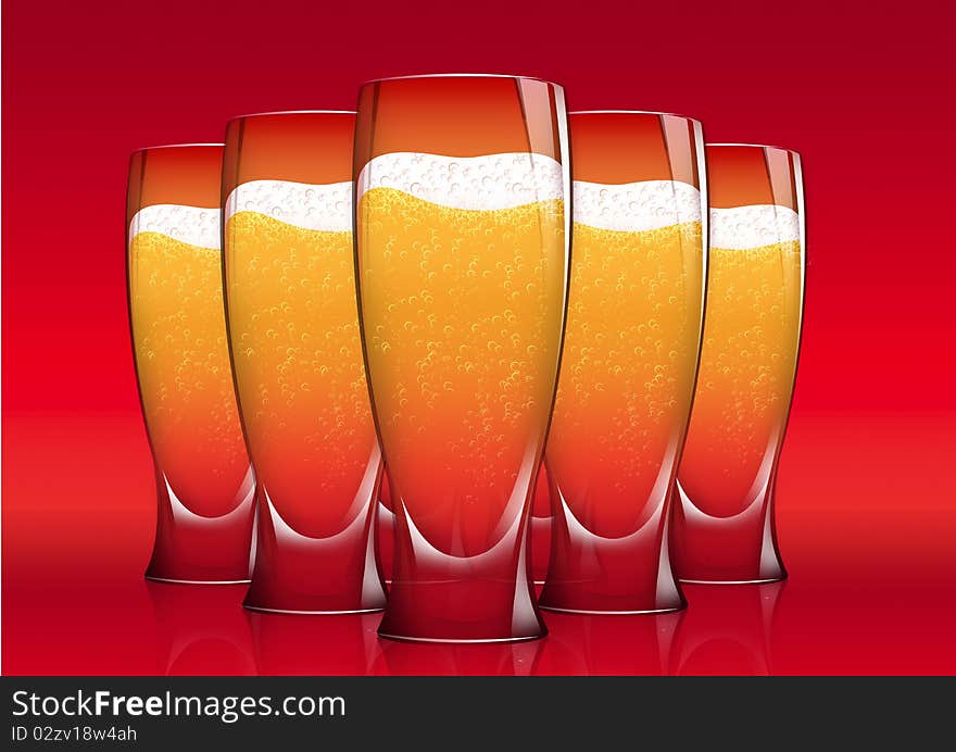 Five Isolated Shiny Glasses of beer on red background. Five Isolated Shiny Glasses of beer on red background