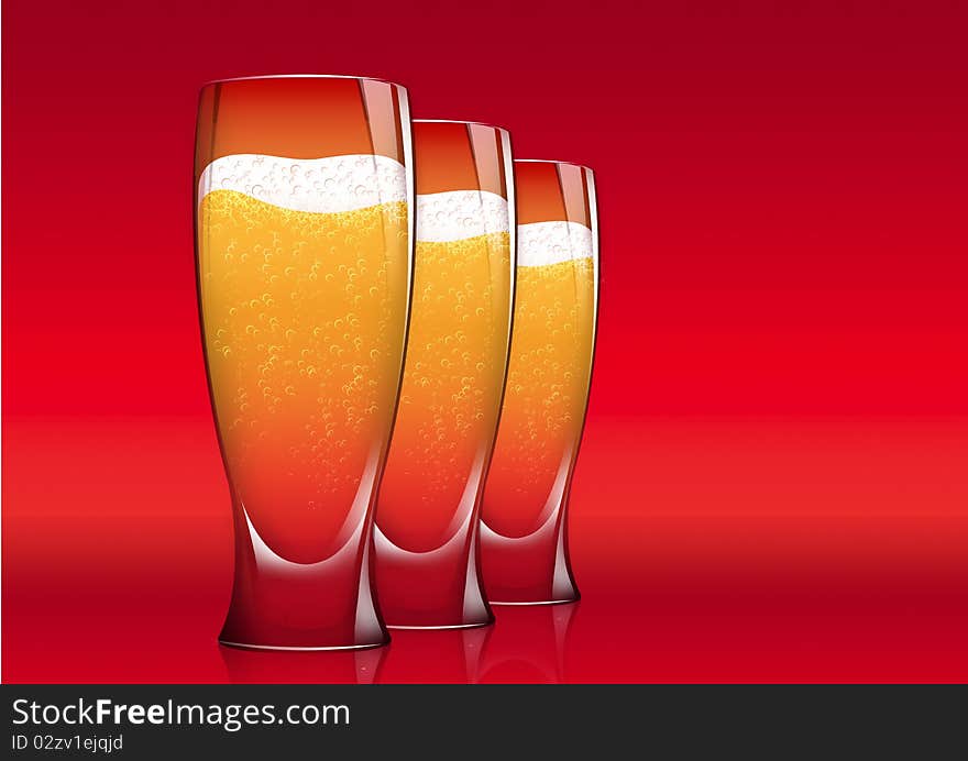 Three Isolated Shiny Glasses of beer on red background. Three Isolated Shiny Glasses of beer on red background