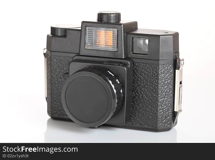 Old vintage camera on white background. Old vintage camera on white background