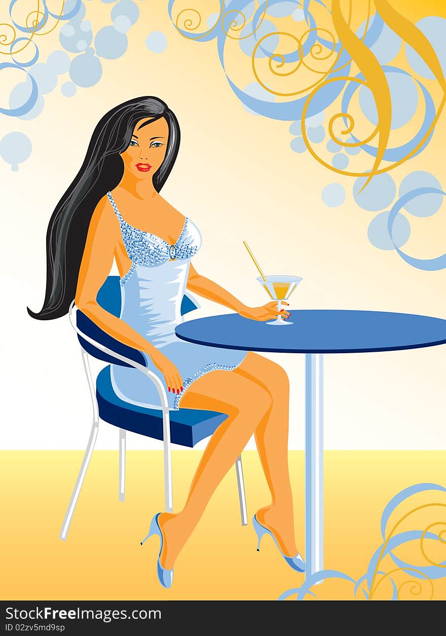 Girl with a cocktail. Restaurant. Vector illustration. Girl with a cocktail. Restaurant. Vector illustration.