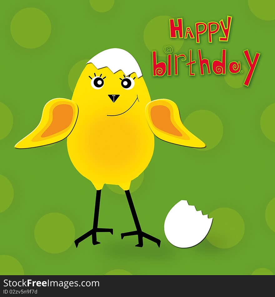 Illustration with a chicken and conratulations happy birthday