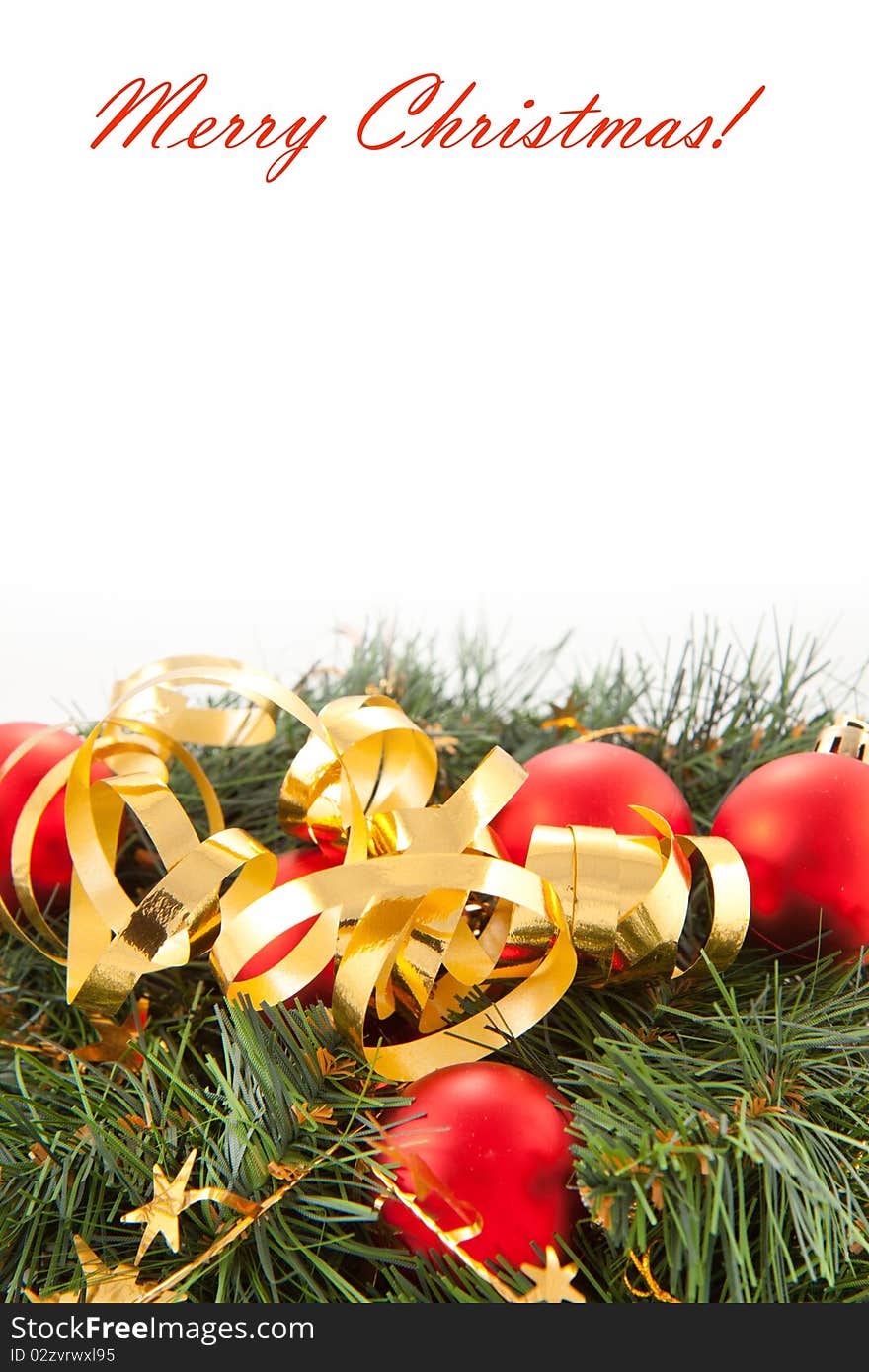 Red christmas balls and golden tape on the christmas tree. Red christmas balls and golden tape on the christmas tree