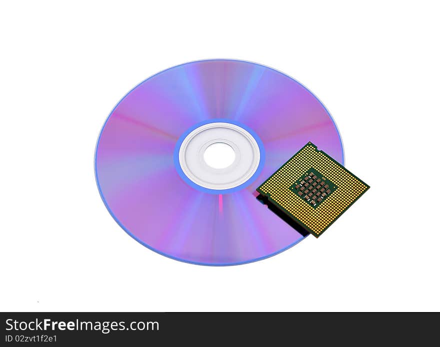 Optical disk and CPU on a white background