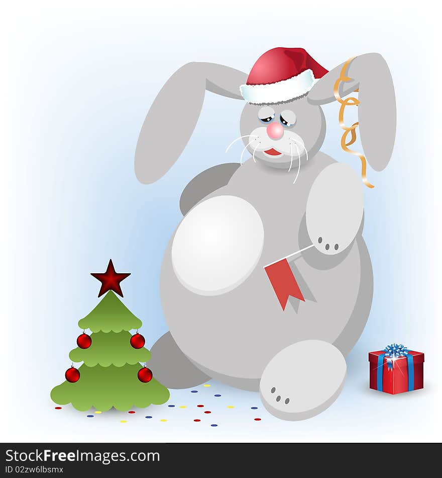 Illustration, sad hare beside new year's fir tree