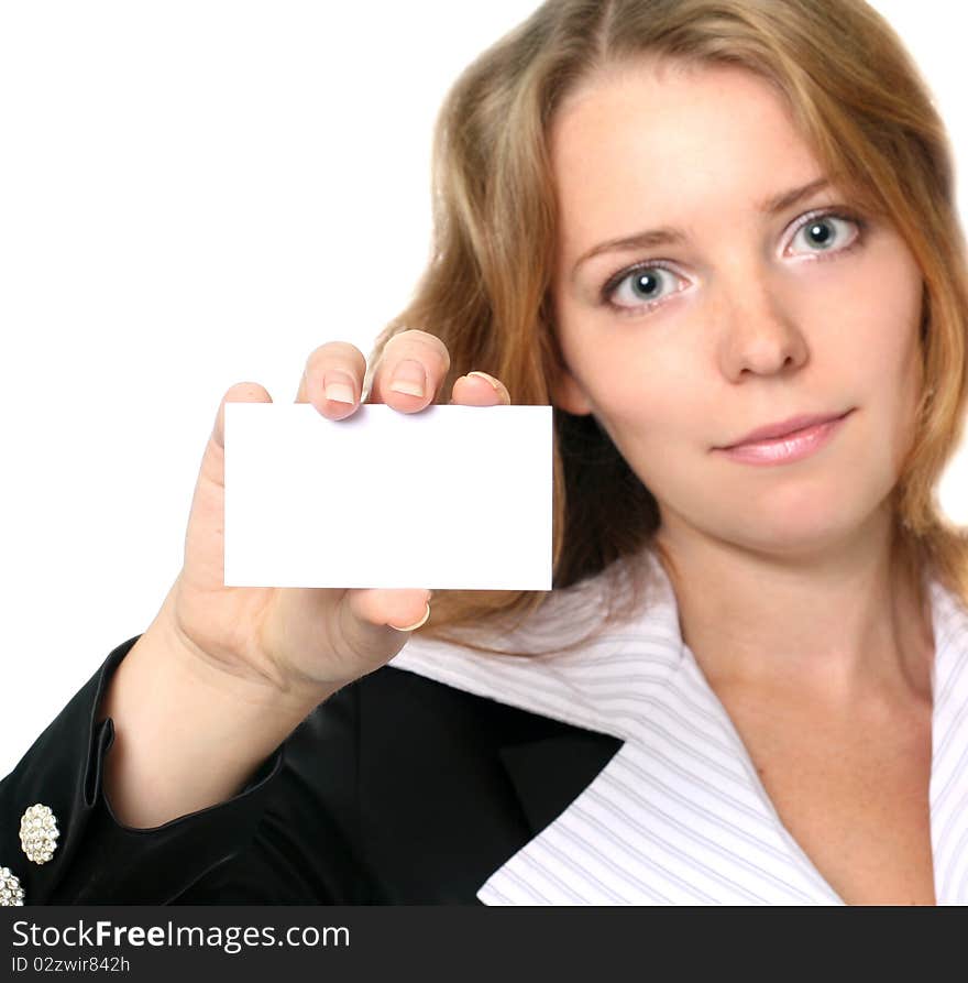 Young businesswoman holding blank card, close-up photo