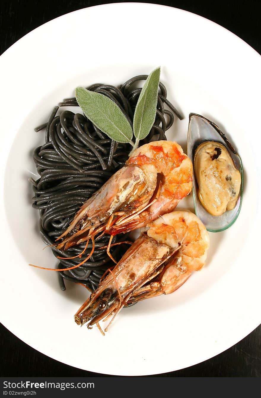 Seafood with black pasta