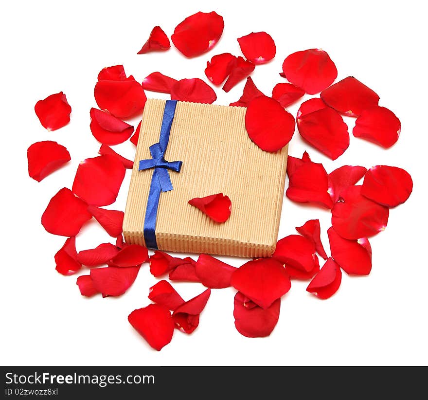 Red rose petals and gift on white background