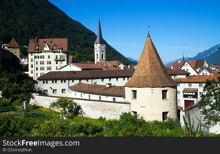 Colourful buildings in southern Switzerland on a sunny day. Colourful buildings in southern Switzerland on a sunny day