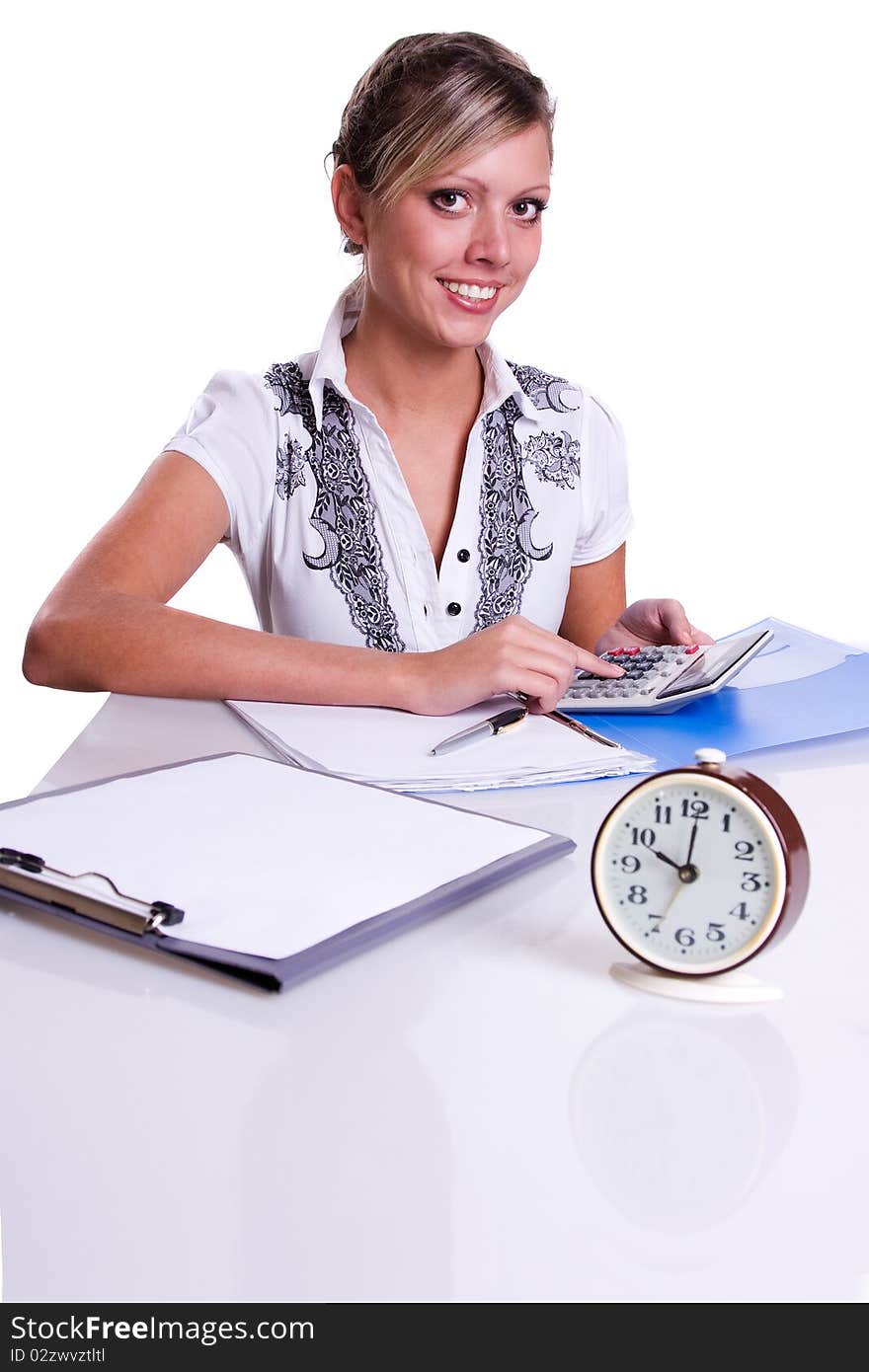 Businesswoman sitting at table with documents and calculator isolated on white. Businesswoman sitting at table with documents and calculator isolated on white