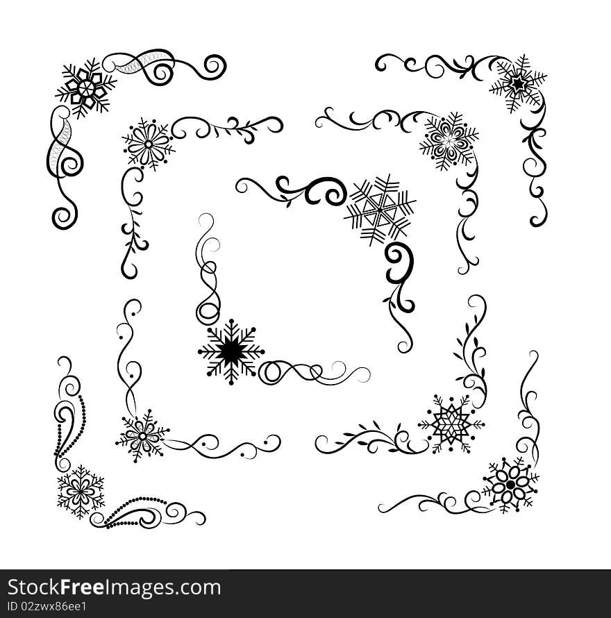 Collection of snowflakes corners, illustration.