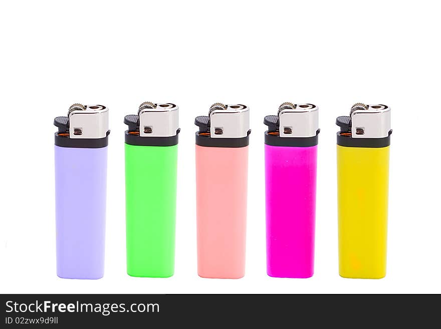 Five different colours of lighters