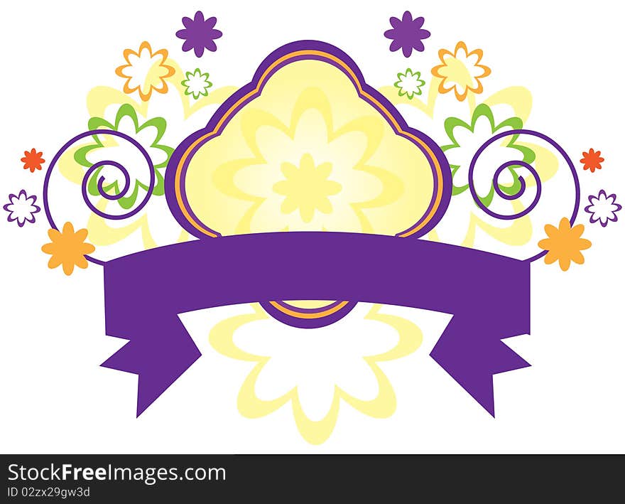 Floral twirly banner with flowers and ribbon. Floral twirly banner with flowers and ribbon