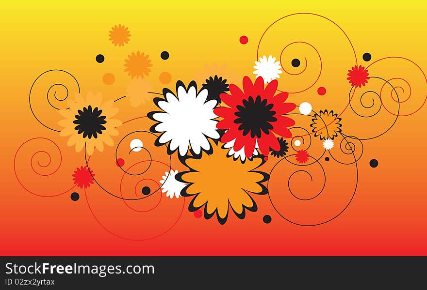 Floral Background / Design Element with red, orange and black flowers