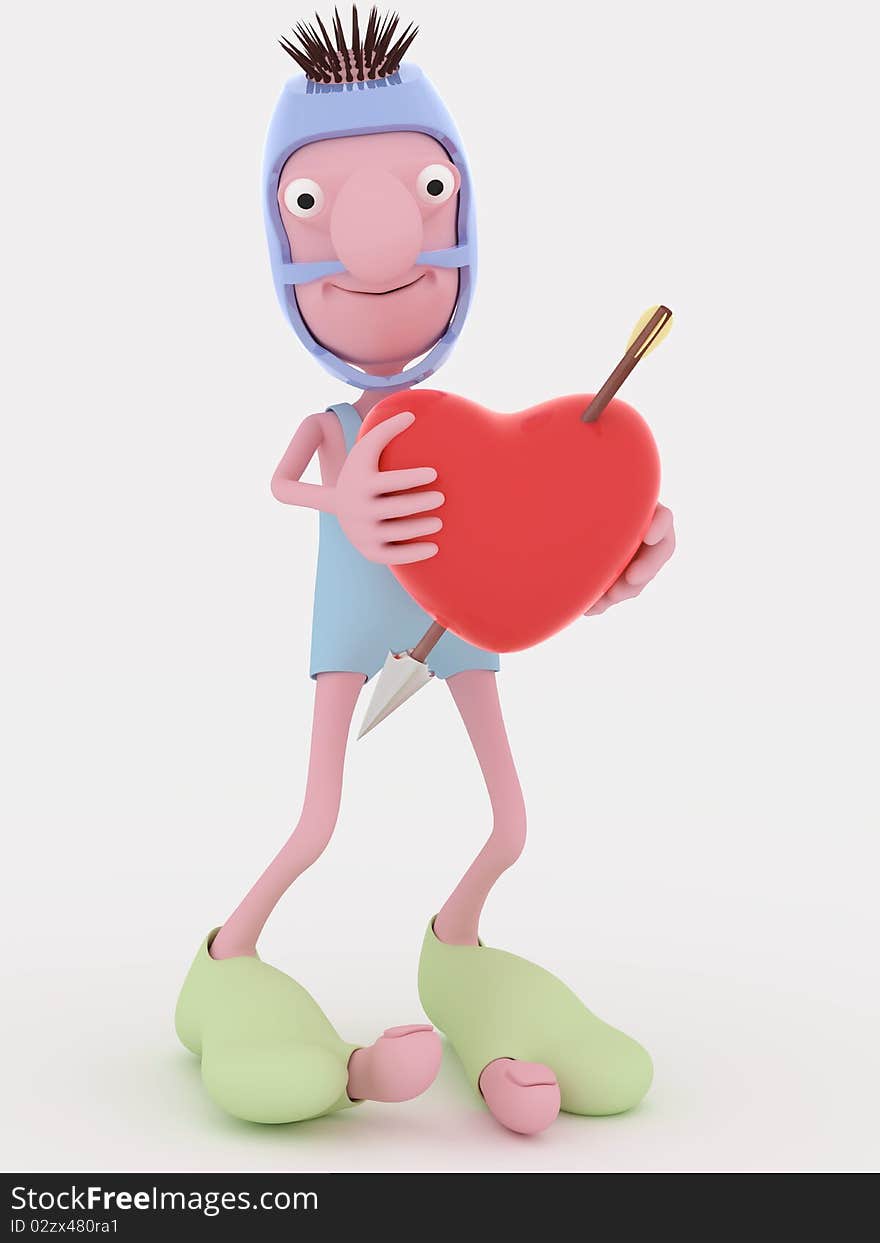 3d man standing and holding a heart. 3d man standing and holding a heart