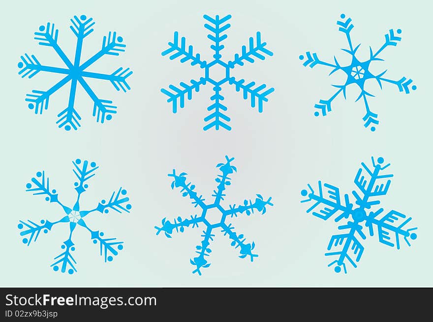 Illustration of 6 blue Christmas snowflakes. Illustration of 6 blue Christmas snowflakes