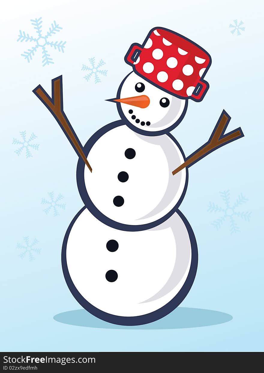 Illustration of snowman with snowflakes in background falling. Illustration of snowman with snowflakes in background falling