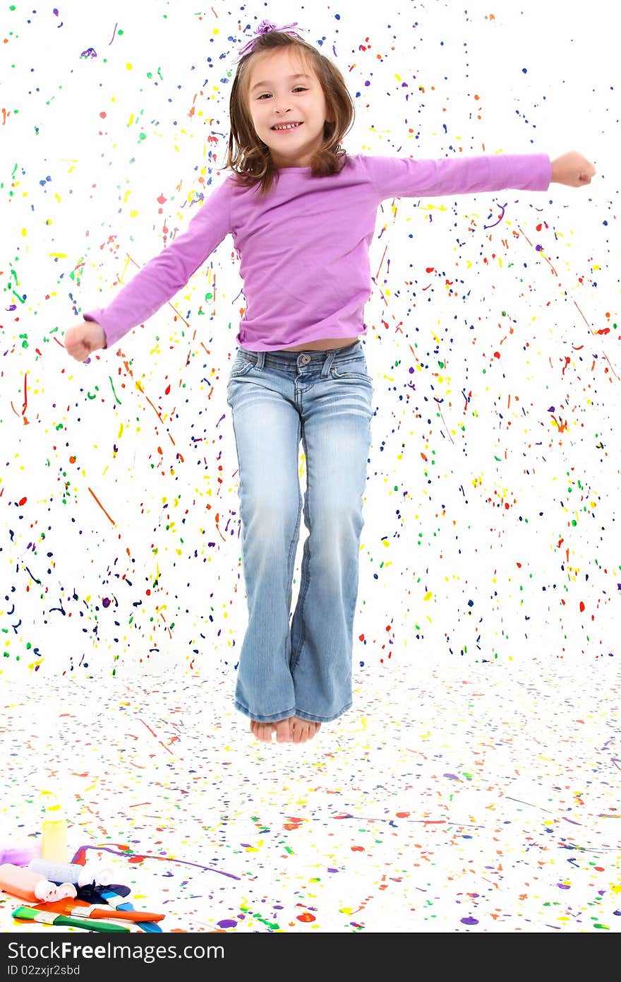 Beautiful 5 year old girl over paint splatter background jumping and smiling. Beautiful 5 year old girl over paint splatter background jumping and smiling.