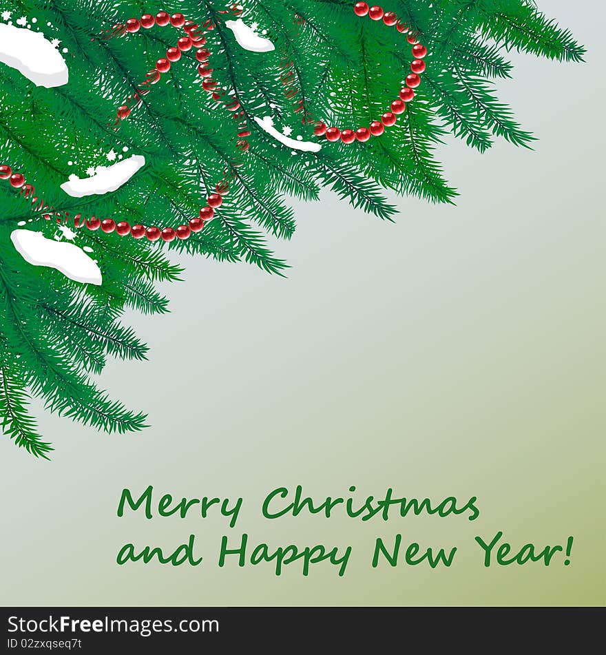 Card for the holiday with branches of Christmas tree with decorations. Card for the holiday with branches of Christmas tree with decorations