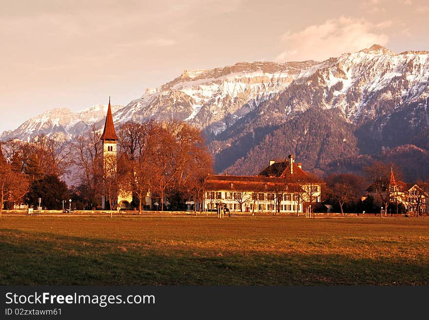 Swiss Village In The Alps at sunset,Switzerland. Swiss Village In The Alps at sunset,Switzerland.