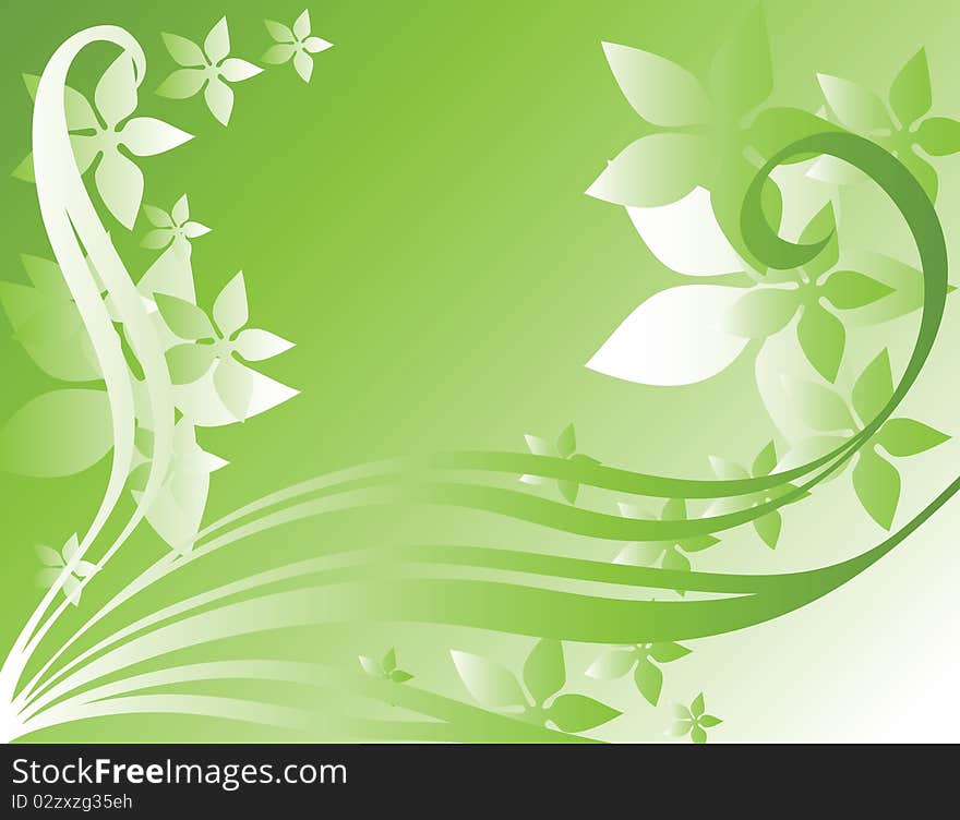 Green abstract background with flowers and fantasy lines