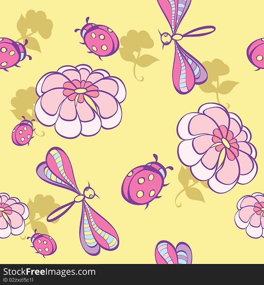 Seamless background wint flowers and insects