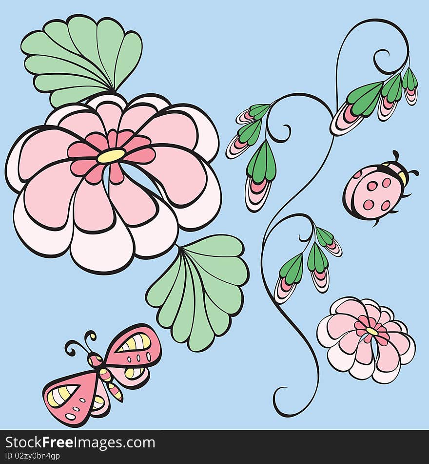 Fantasy flowers and insects isolated on blue background